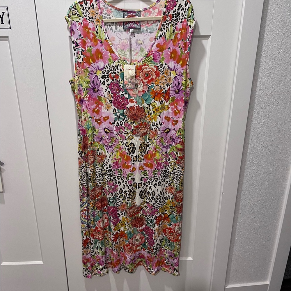JOHNNY WAS NWT AUTHENTIC WILD GARDEN HIGH SLIT KNIT CAP SLEEVES MIDI DRESS